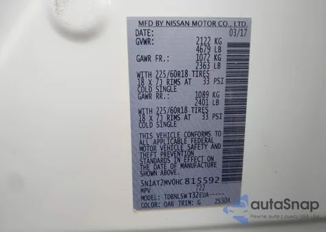 2017 Nissan Rogue Sl z USA, uszkodzony, nr VIN 5N1AT2MV0HC815592